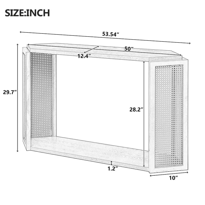 Console étroite noire en forme de flèche avec panneaux en rotin tressé