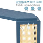 Console étroite noire en forme de flèche avec panneaux en rotin tressé