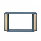 Console étroite noire en forme de flèche avec panneaux en rotin tressé