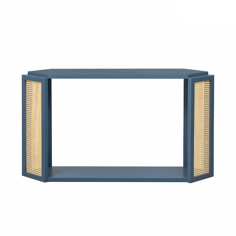 Console étroite noire en forme de flèche avec panneaux en rotin tressé