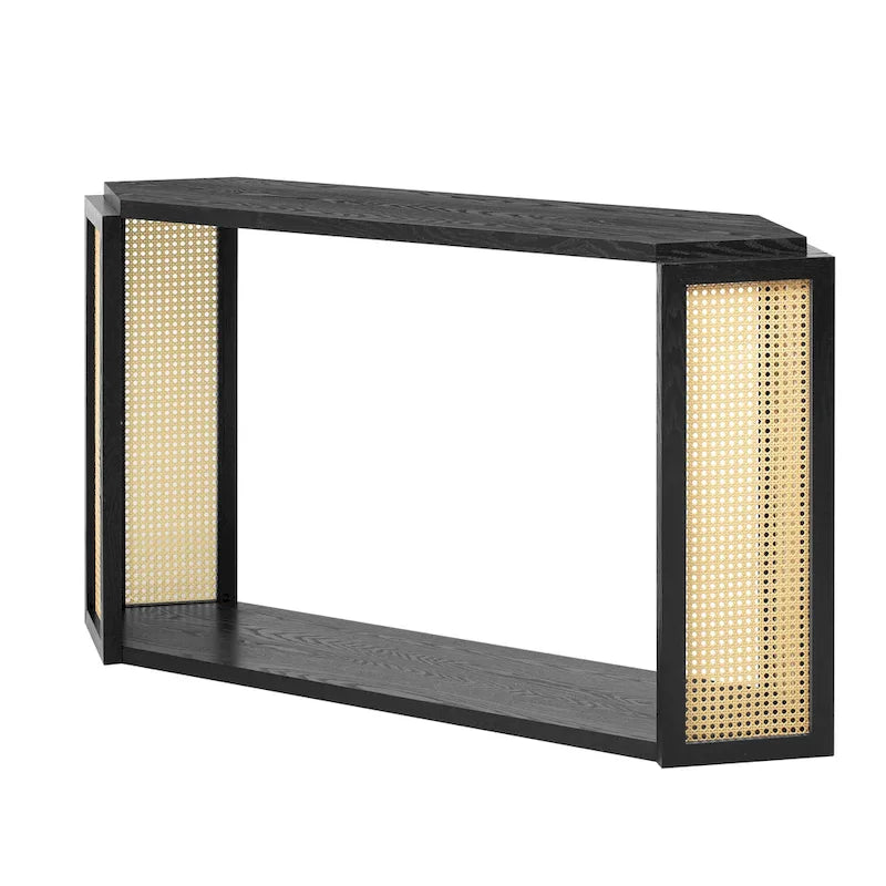 Console étroite noire en forme de flèche avec panneaux en rotin tressé