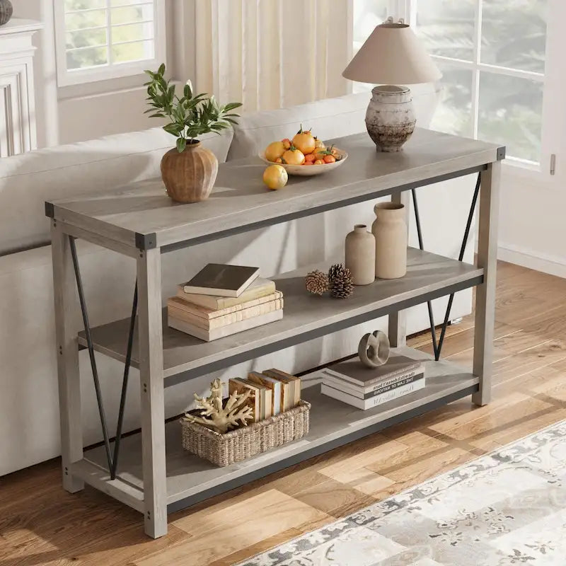 Table console étroite à 3 niveaux marron/gris avec rangement, style ferme