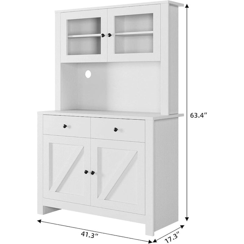 Meuble de rangement de cuisine blanc/gris/noir avec support micro-ondes, 3 étagères réglables et portes en verre trempé, style ferme