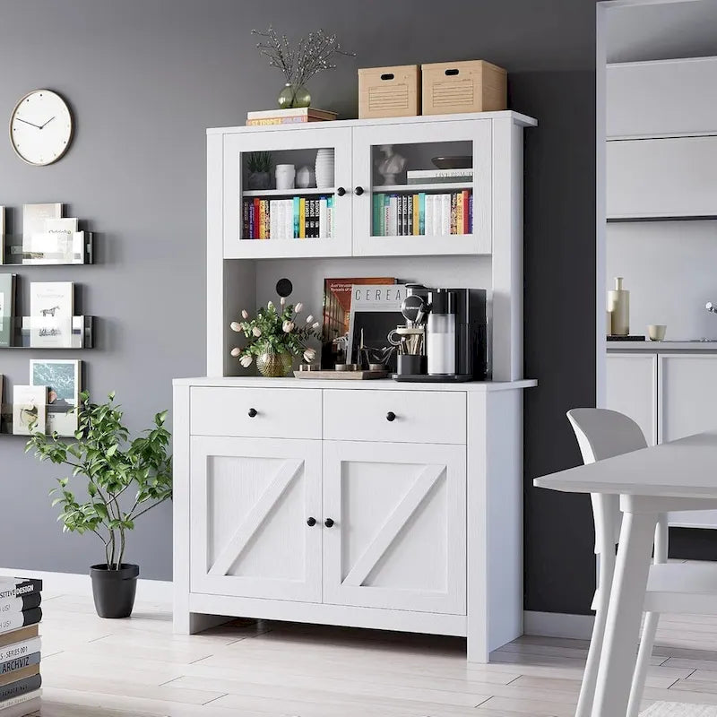 Meuble de rangement de cuisine blanc/gris/noir avec support micro-ondes, 3 étagères réglables et portes en verre trempé, style ferme