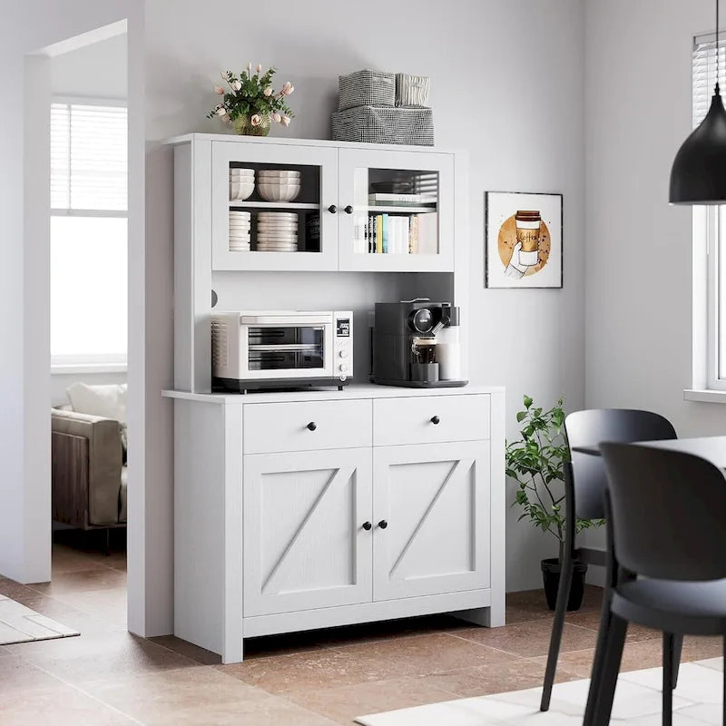 Meuble de rangement de cuisine blanc/gris/noir avec support micro-ondes, 3 étagères réglables et portes en verre trempé, style ferme