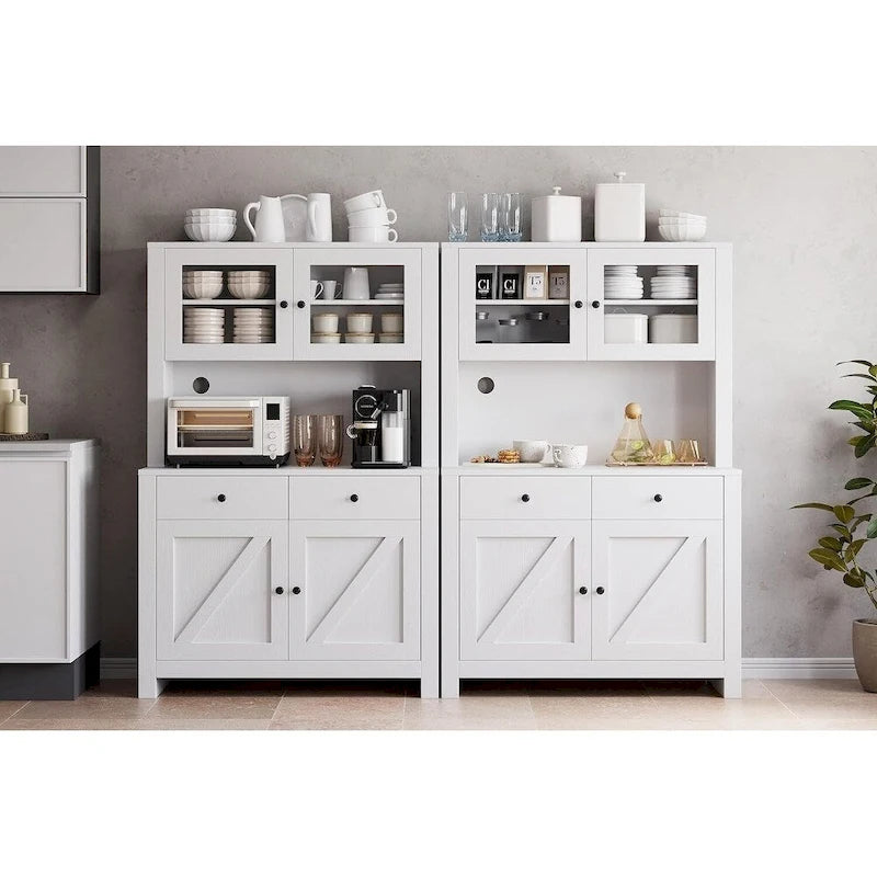 Meuble de rangement de cuisine blanc/gris/noir avec support micro-ondes, 3 étagères réglables et portes en verre trempé, style ferme