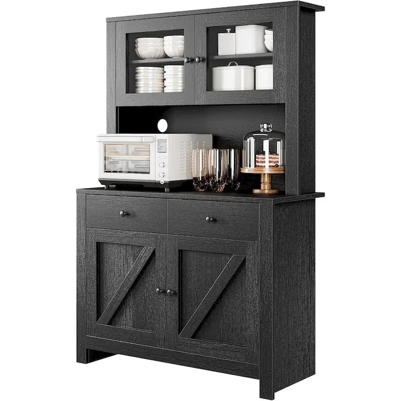 Meuble de rangement de cuisine blanc/gris/noir avec support micro-ondes, 3 étagères réglables et portes en verre trempé, style ferme