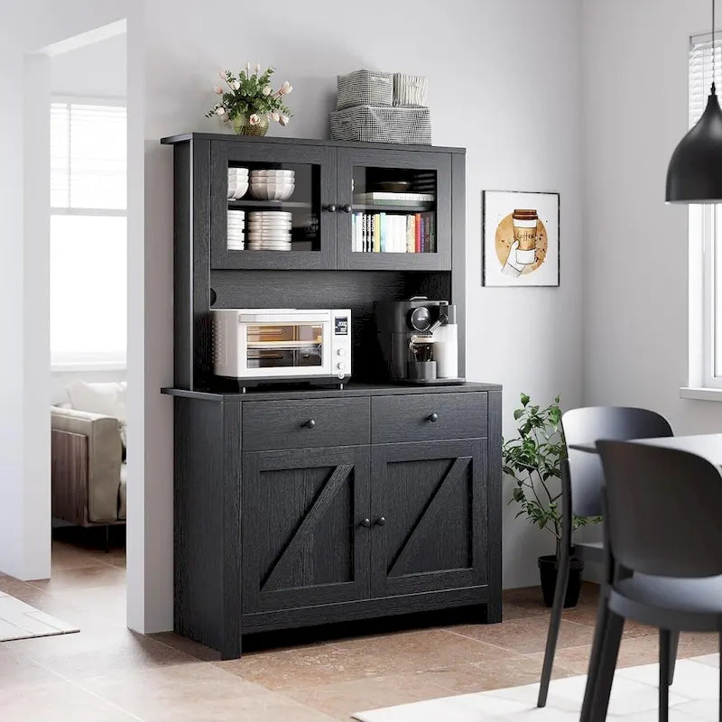 Meuble de rangement de cuisine blanc/gris/noir avec support micro-ondes, 3 étagères réglables et portes en verre trempé, style ferme