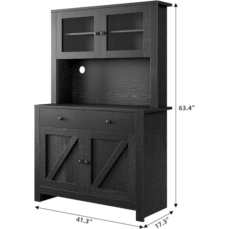 Meuble de rangement de cuisine blanc/gris/noir avec support micro-ondes, 3 étagères réglables et portes en verre trempé, style ferme