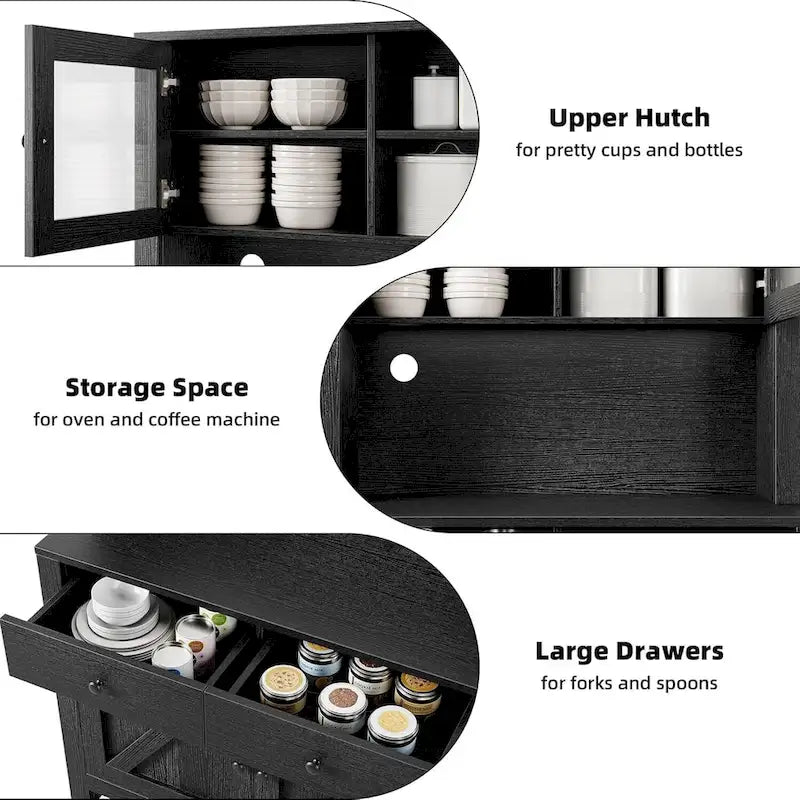 Meuble de rangement de cuisine blanc/gris/noir avec support micro-ondes, 3 étagères réglables et portes en verre trempé, style ferme