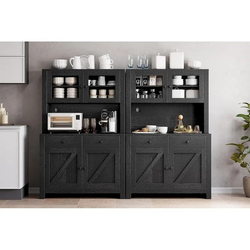 Meuble de rangement de cuisine blanc/gris/noir avec support micro-ondes, 3 étagères réglables et portes en verre trempé, style ferme