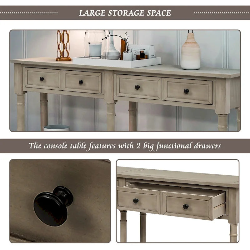 Console rustique bleu rétro / gris délavé / beige antique avec 2 tiroirs et étagère inférieure