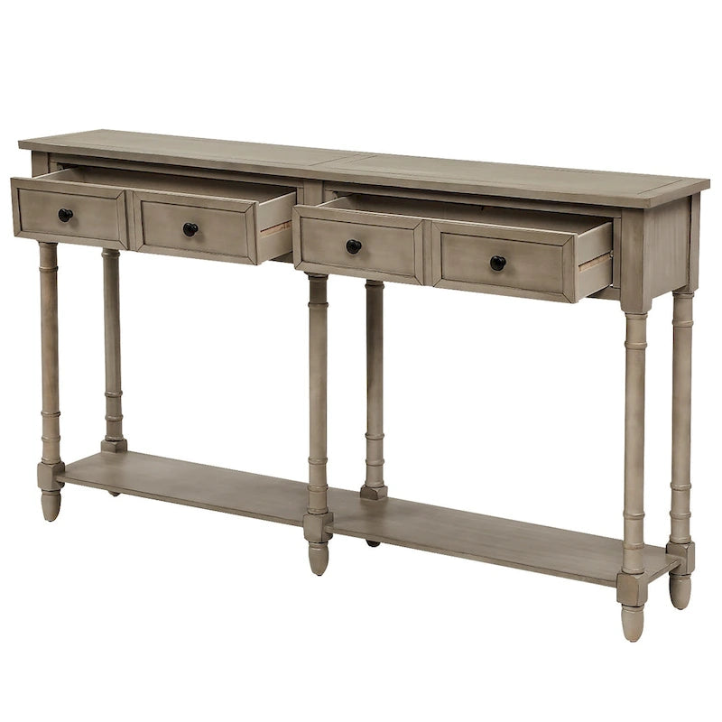 Console rustique bleu rétro / gris délavé / beige antique avec 2 tiroirs et étagère inférieure
