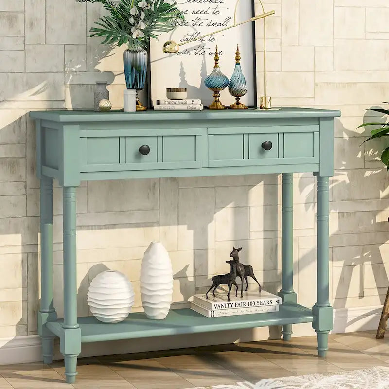 Console rustique bleu rétro / gris délavé / beige antique avec 2 tiroirs et étagère inférieure