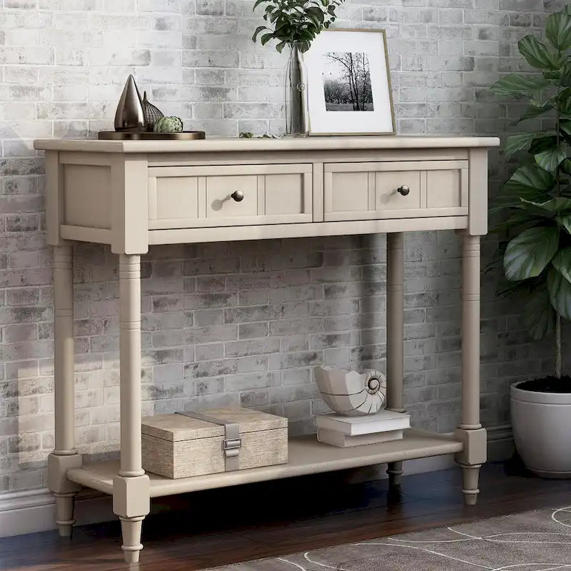 Console rustique bleu rétro / gris délavé / beige antique avec 2 tiroirs et étagère inférieure