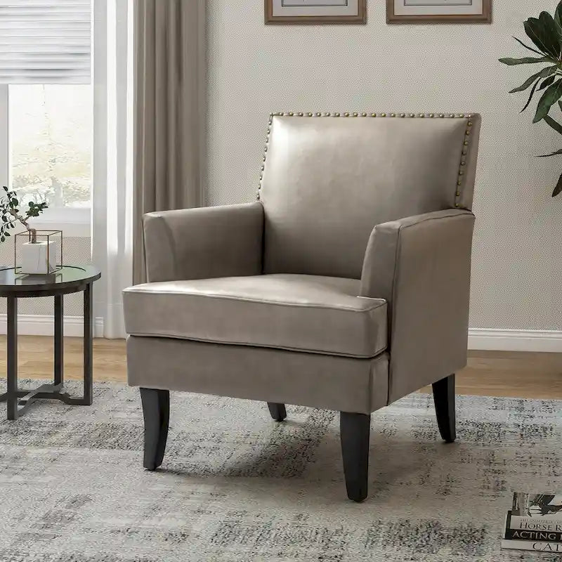 Fauteuil d'appoint en polyester gris / sauge / camel / noir avec clous décoratifs et pieds en bois, pour 1 personne