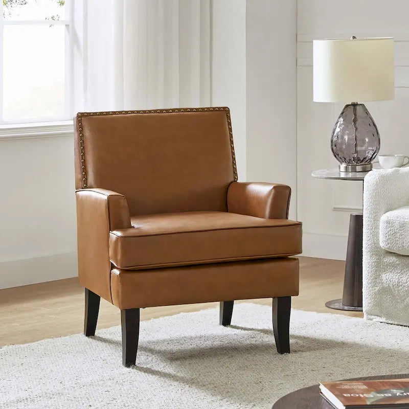 Fauteuil d'appoint en polyester gris / sauge / camel / noir avec clous décoratifs et pieds en bois, pour 1 personne