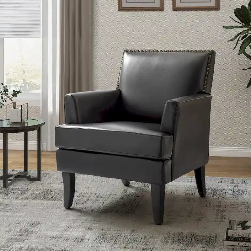 Fauteuil d'appoint en polyester gris / sauge / camel / noir avec clous décoratifs et pieds en bois, pour 1 personne