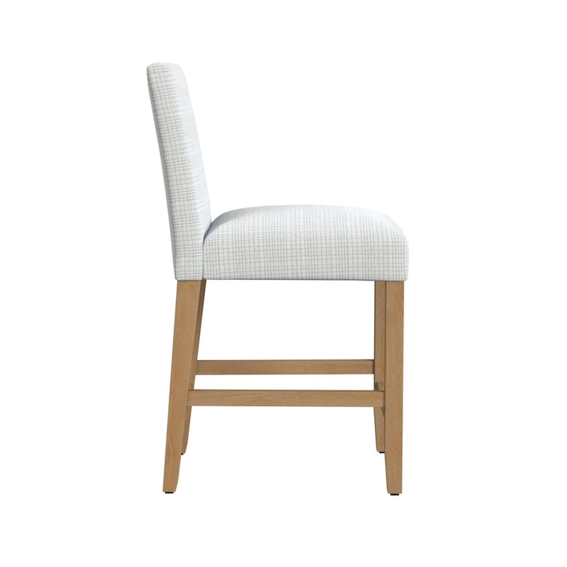 Tabouret de comptoir 63,5 cm en tissu tissé mini-carreaux crème/vert sauge clair, avec pieds en bois de chêne miel, pour 1 personne