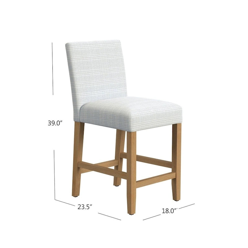 Tabouret de comptoir 63,5 cm en tissu tissé mini-carreaux crème/vert sauge clair, avec pieds en bois de chêne miel, pour 1 personne