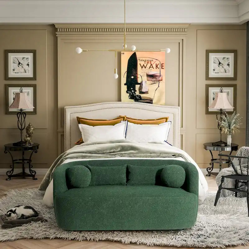 Causeuse en tissu bouclé taupe / gris foncé / vert / beige avec oreillers, style moderne du milieu du siècle, pour 2 personnes