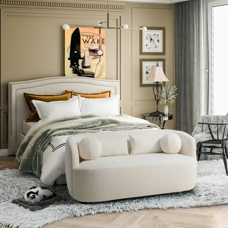 Causeuse en tissu bouclé taupe / gris foncé / vert / beige avec oreillers, style moderne du milieu du siècle, pour 2 personnes