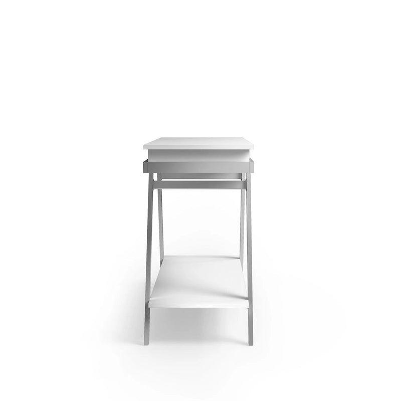 Table de canapé blanche très brillante de 122 cm avec 1 tiroir, étagère ouverte et pieds chromés inclinés, style moderne