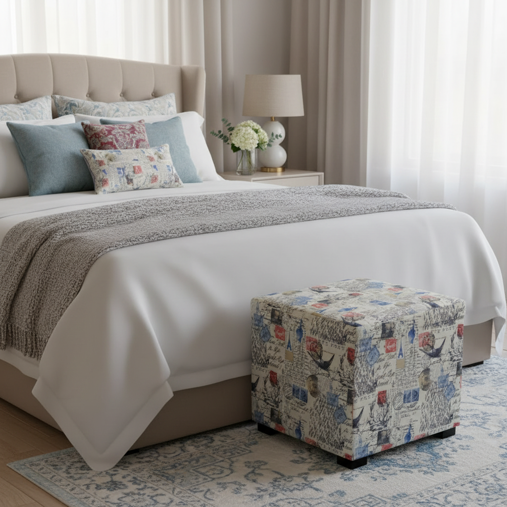 Ottoman carré touffeté imprimé blanc cassé/bleu/rouge/noir, pieds blocs, pour 1 personne