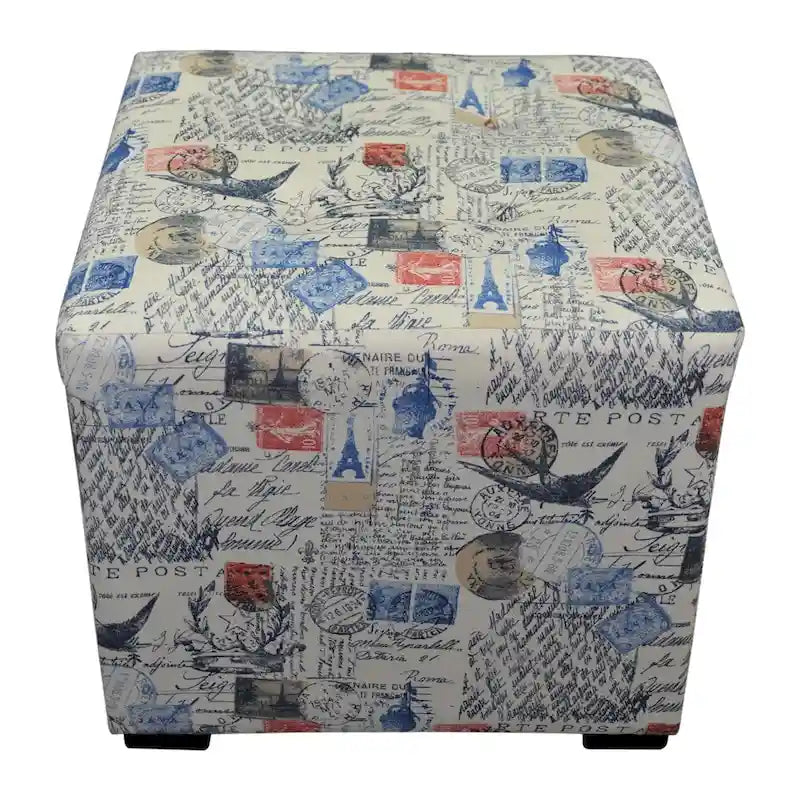 Ottoman carré touffeté imprimé blanc cassé/bleu/rouge/noir, pieds blocs, pour 1 personne