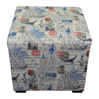 Ottoman carré touffeté imprimé blanc cassé/bleu/rouge/noir, pieds blocs, pour 1 personne