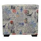 Ottoman carré touffeté imprimé blanc cassé/bleu/rouge/noir, pieds blocs, pour 1 personne