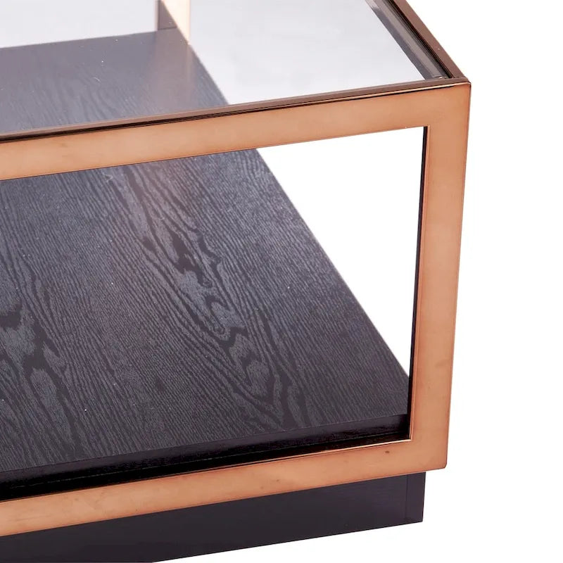 Table basse Champagne et plateau en verre carré noir avec cadre en métal et étagère ouverte en bois, style transitionnel