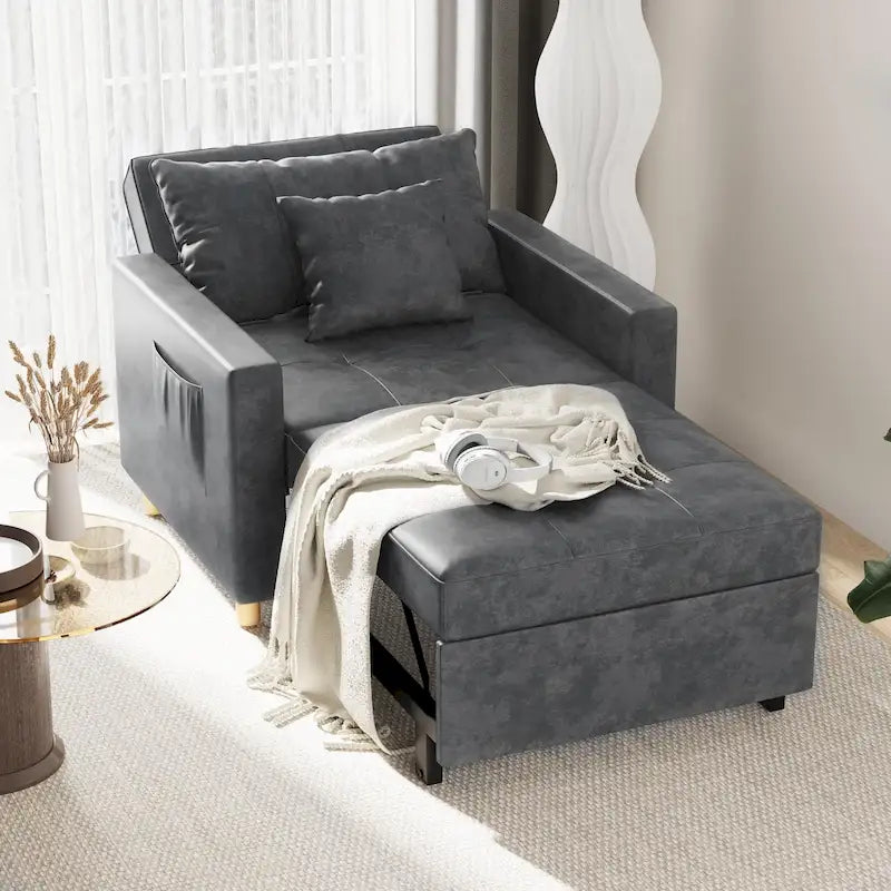 Fauteuil-lit convertible 3-en-1 gris / noir / beige avec dossier réglable, pour 1 personne