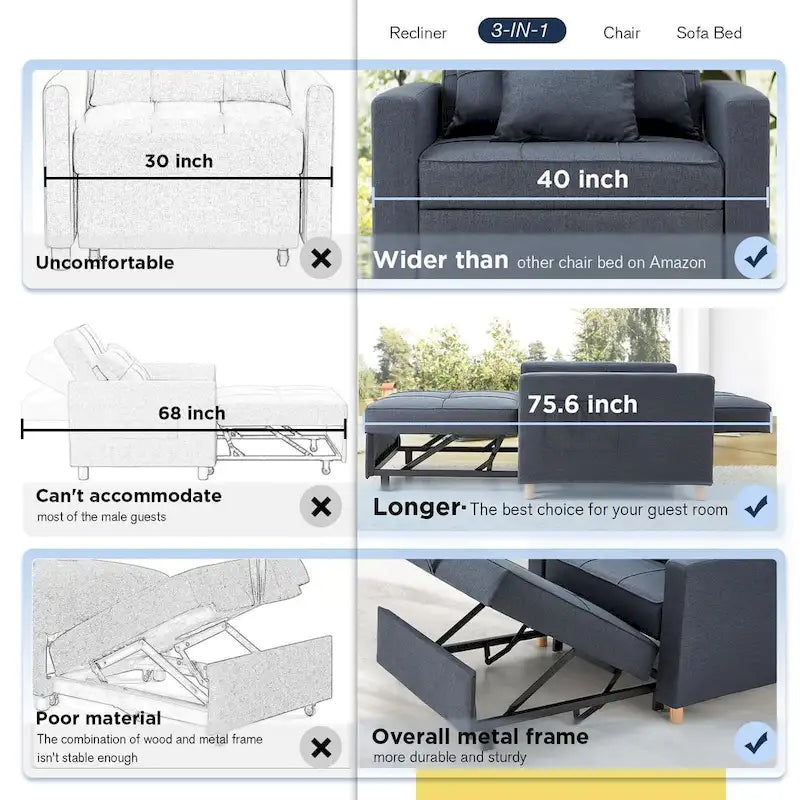 Fauteuil-lit convertible 3-en-1 gris / noir / beige avec dossier réglable, pour 1 personne