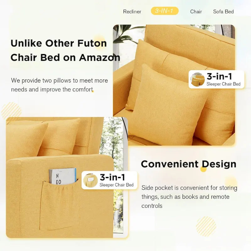 Fauteuil-lit convertible 3-en-1 gris / noir / beige avec dossier réglable, pour 1 personne