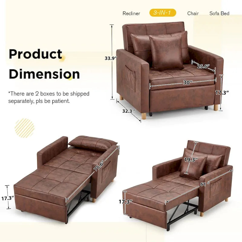 Fauteuil-lit convertible 3-en-1 gris / noir / beige avec dossier réglable, pour 1 personne