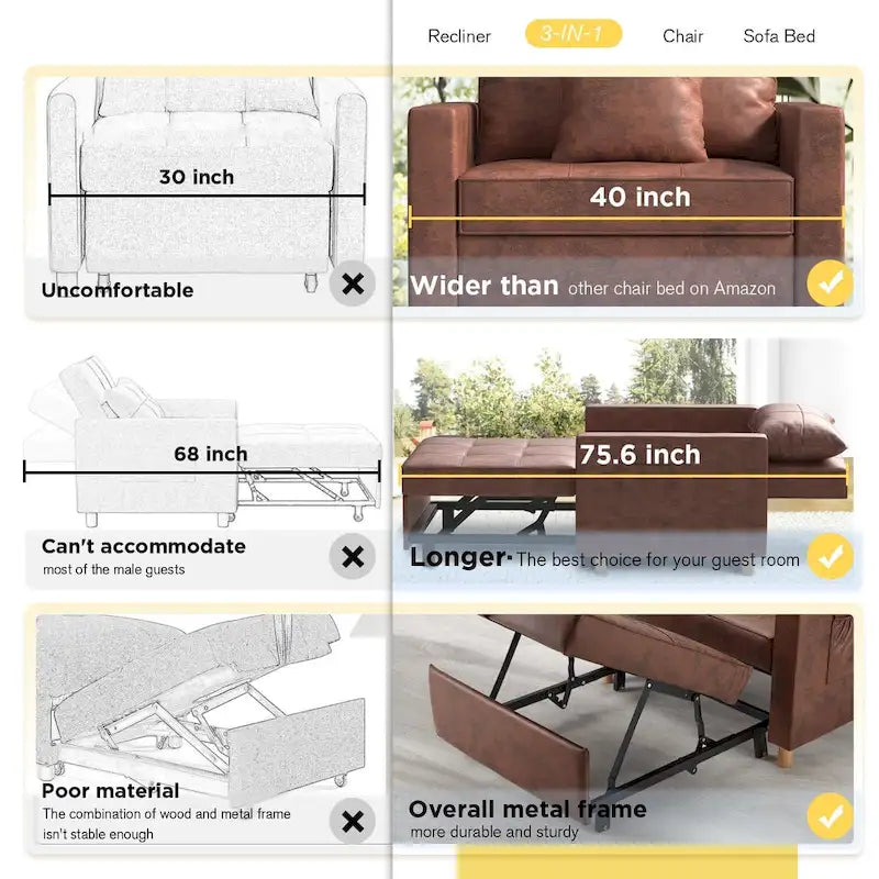 Fauteuil-lit convertible 3-en-1 gris / noir / beige avec dossier réglable, pour 1 personne