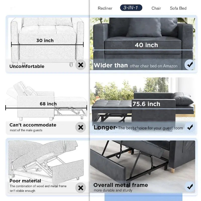 Fauteuil-lit convertible 3-en-1 gris / noir / beige avec dossier réglable, pour 1 personne