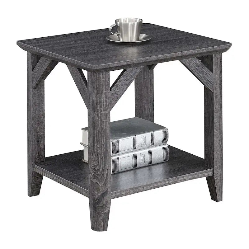 Table de chevet à 2 niveaux avec étagère, style rustique, gris vieilli / bois flotté / blanc / noir