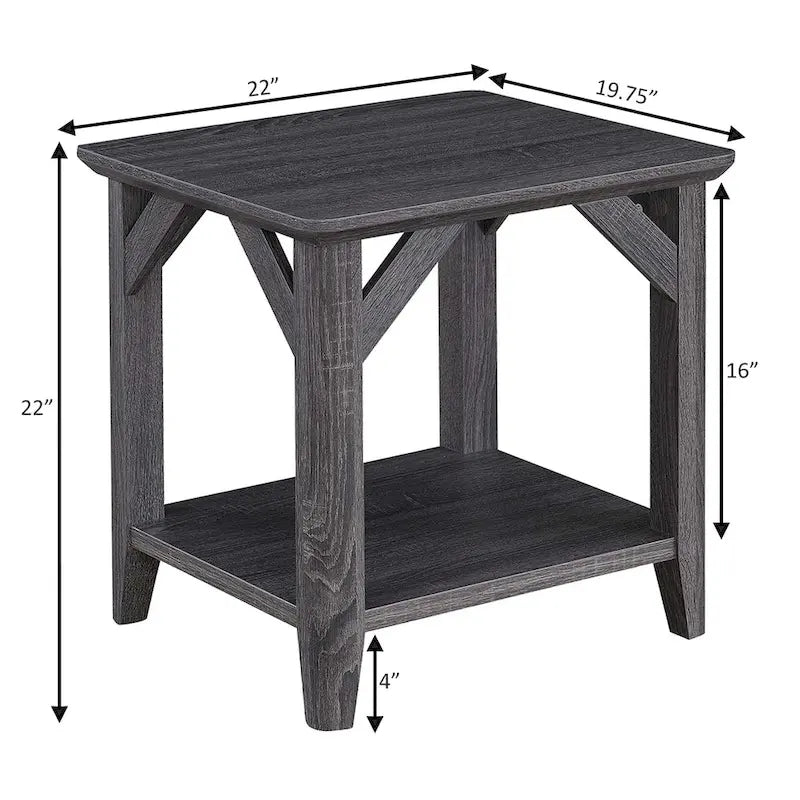 Table de chevet à 2 niveaux avec étagère, style rustique, gris vieilli / bois flotté / blanc / noir
