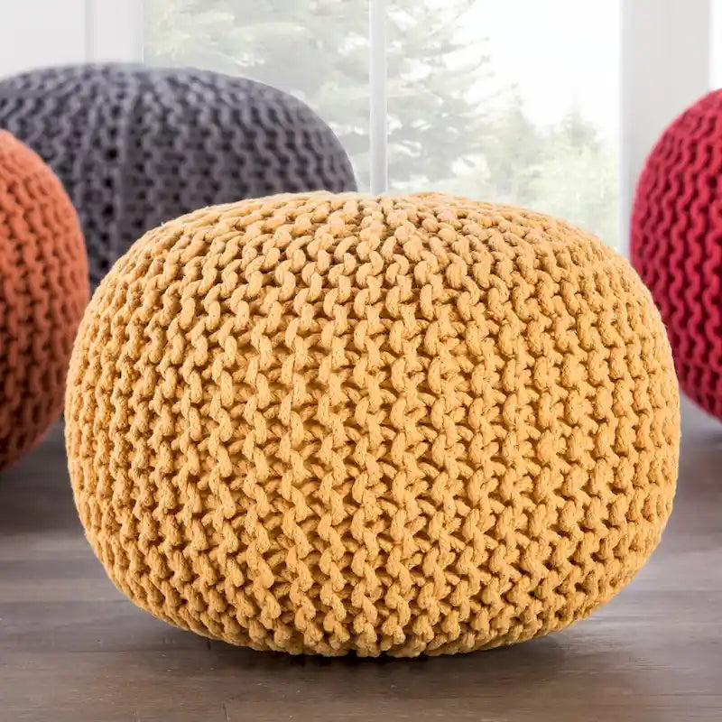 Pouf rond en tricot épais en coton bleu / gris / rose, style bohème, pour 1 personne
