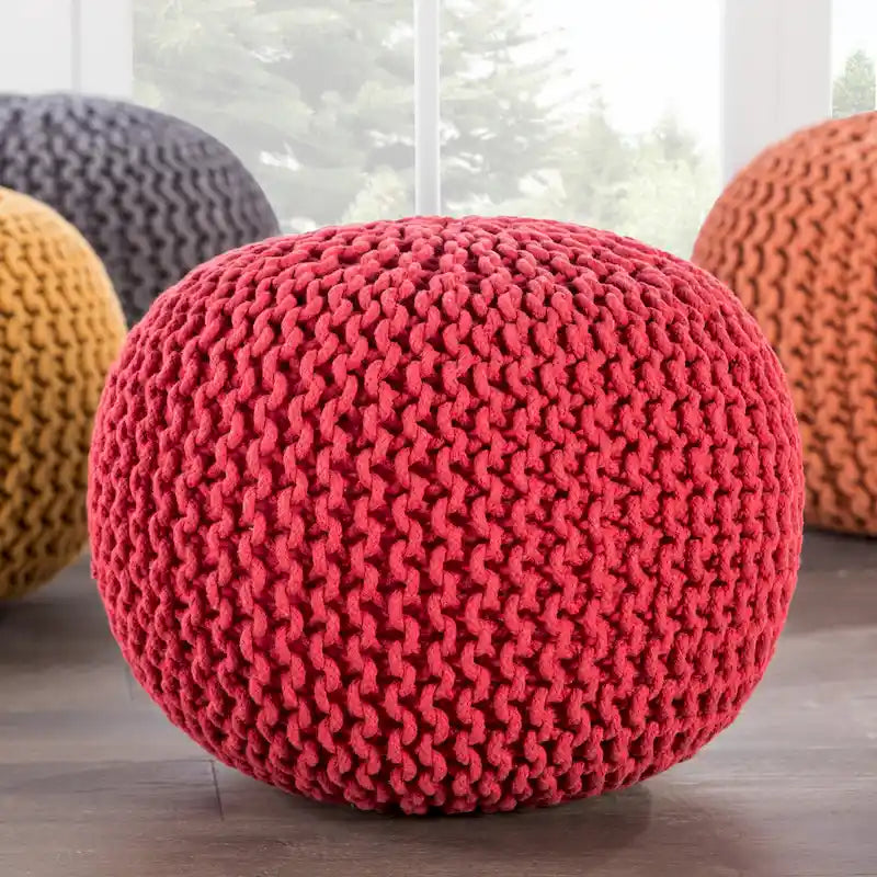 Pouf rond en tricot épais en coton bleu / gris / rose, style bohème, pour 1 personne