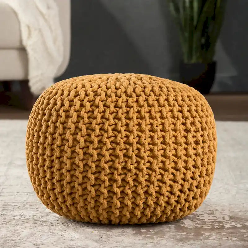 Pouf rond en tricot épais en coton bleu / gris / rose, style bohème, pour 1 personne