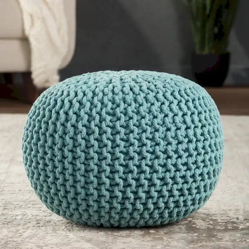 Pouf rond en tricot épais en coton bleu / gris / rose, style bohème, pour 1 personne