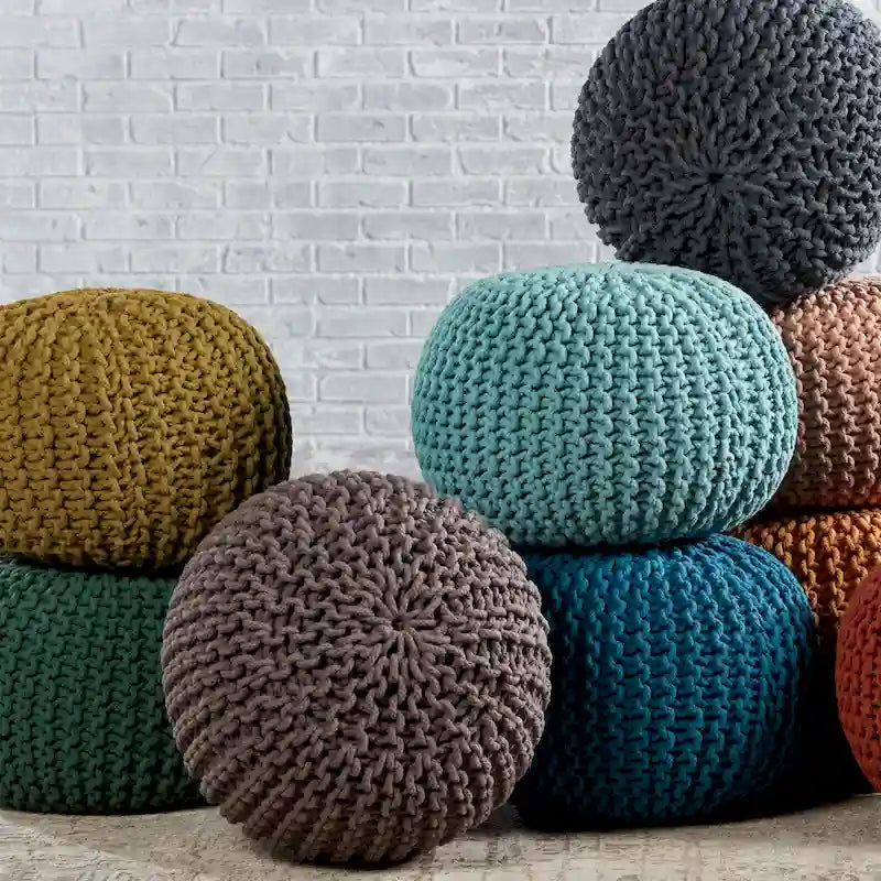 Pouf rond en tricot épais en coton bleu / gris / rose, style bohème, pour 1 personne