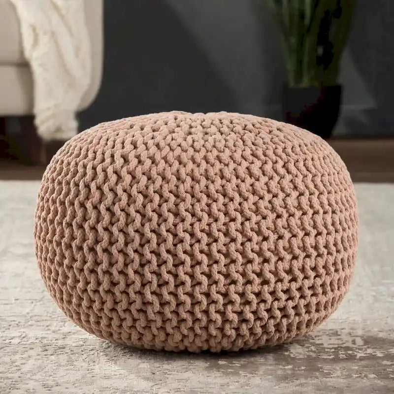 Pouf rond en tricot épais en coton bleu / gris / rose, style bohème, pour 1 personne