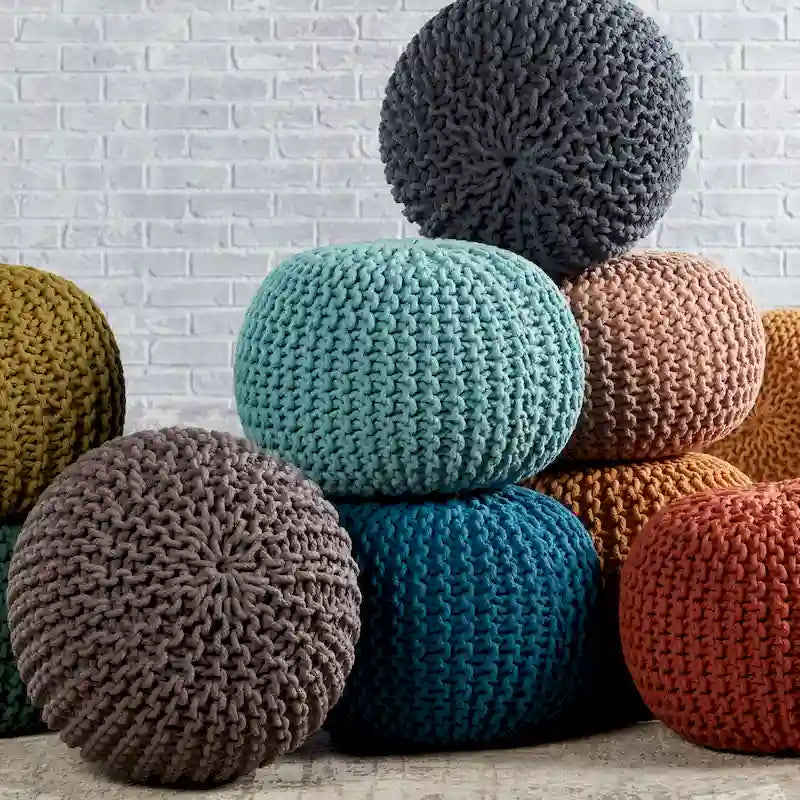 Pouf rond en tricot épais en coton bleu / gris / rose, style bohème, pour 1 personne