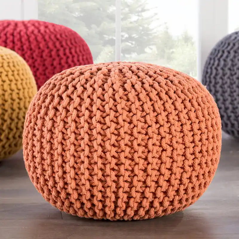 Pouf rond en tricot épais en coton bleu / gris / rose, style bohème, pour 1 personne