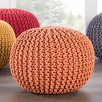 Pouf rond en tricot épais en coton bleu / gris / rose, style bohème, pour 1 personne