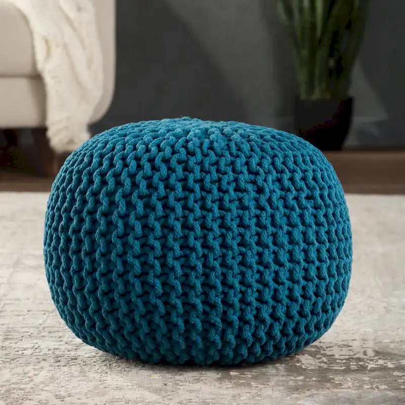 Pouf rond en tricot épais en coton bleu / gris / rose, style bohème, pour 1 personne